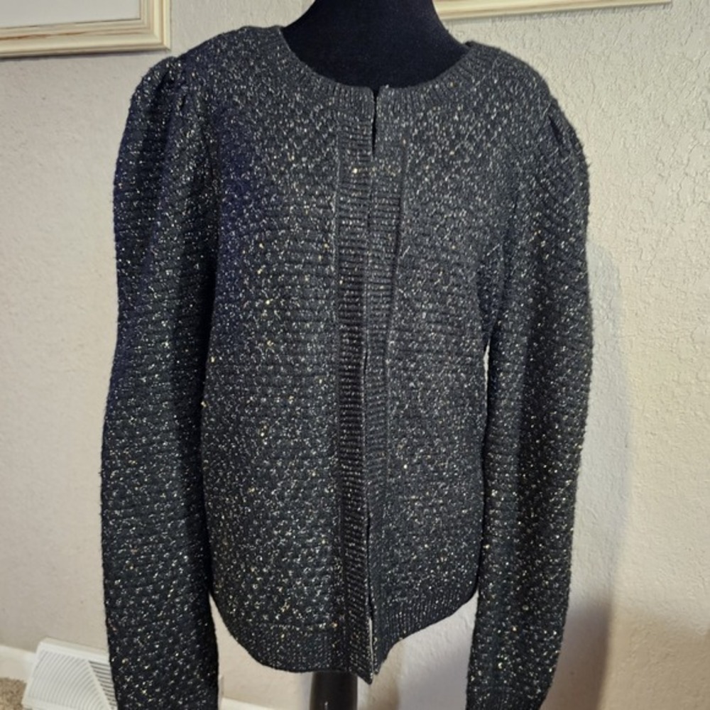Express Black Knit Cardigan Sweater Sparkle Sequin‎ Hook Closure Puff Sleeve L